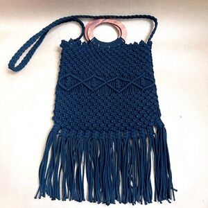 Danielle Nicole Black Macrame Fringe Crossbody Bag With Top Handle Medium Size